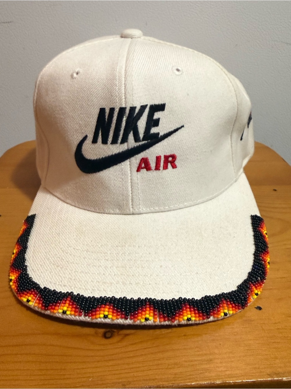 90s Rare HTF Nike White Cap with Black Logo and Red AIR Lakota Native Art trim